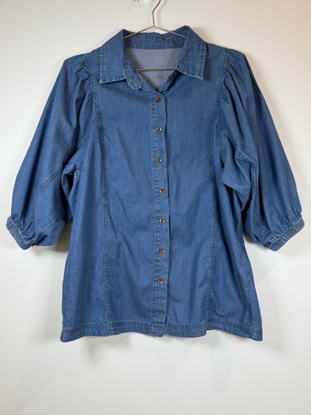 Denim Button-Front Puff Sleeve Shirt - Blue Small